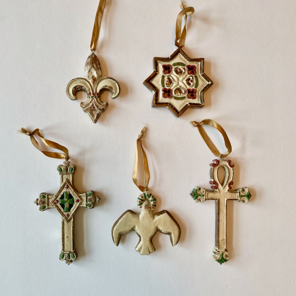 Set of 5 Antique Style Christmas Ornaments Two Sided 3" to 4.5" Painted Resin